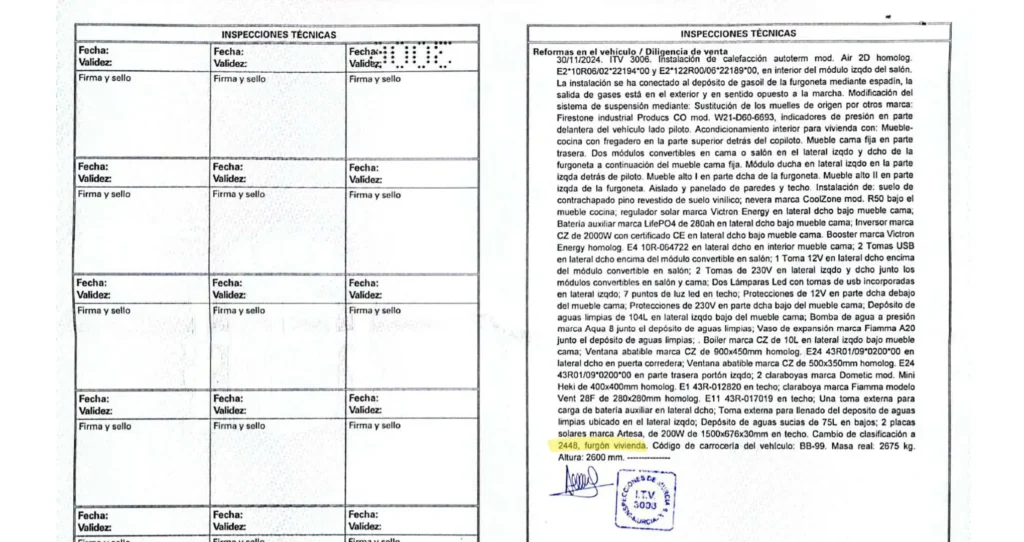 foto de una ficha tecnica de una furgoneta homologada como furgon vivienda con toda la descripción de todos los elementos instalados