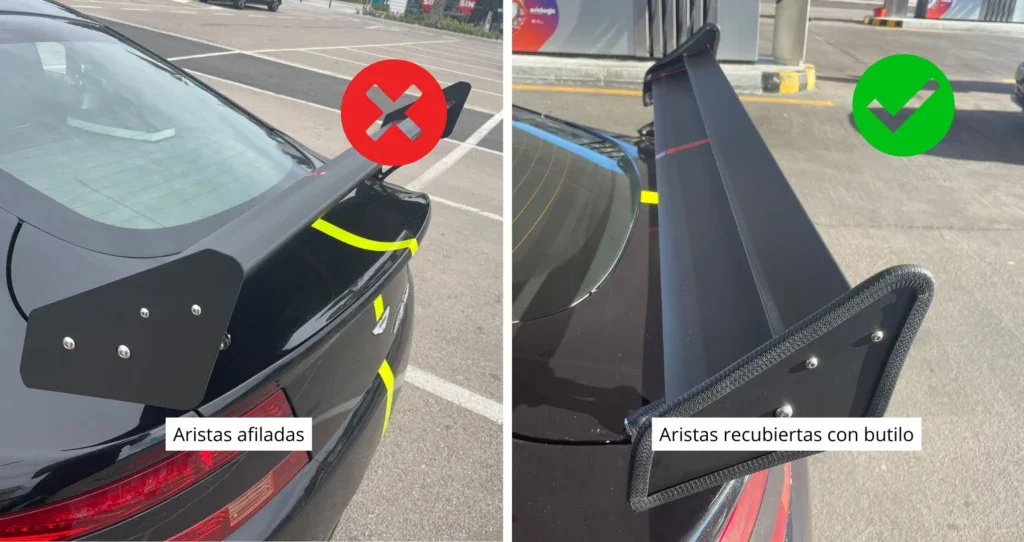 imagen comparativa antes y despues: a la izquierda un aleron con aristas afiladas, a la derecha el mismo alerón con las aristas recubiertas con butilo