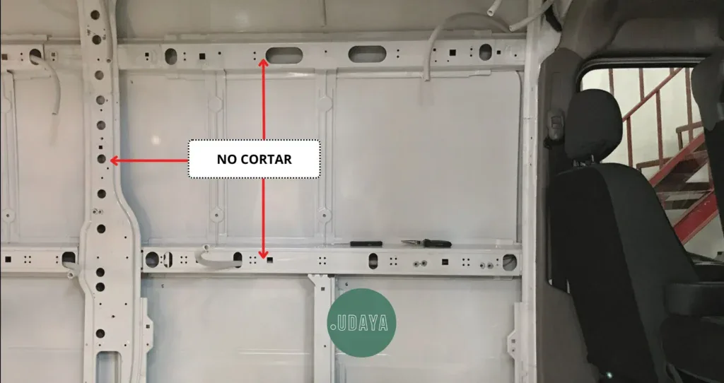 Imagen que muestra la estructura interior de una furgoneta con instrucciones para homologar ventanas.