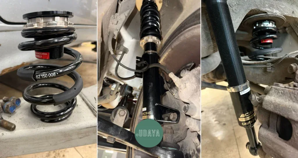 Amortiguadores y sistema de suspensión de un vehículo camper, mostrando componentes para homologación y revisión en la ITV en 2026.