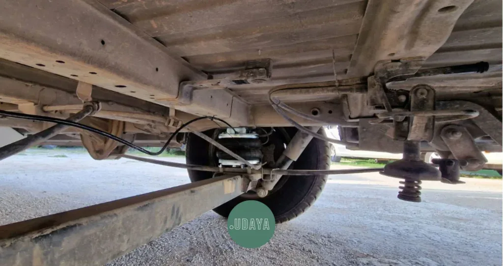 Imagen de la suspensión de un vehículo, mostrando componentes y estructura para homologación y revisión en ITV.