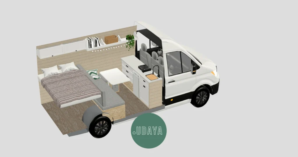 diseño camper 3D con la distribución del interior en pantalla