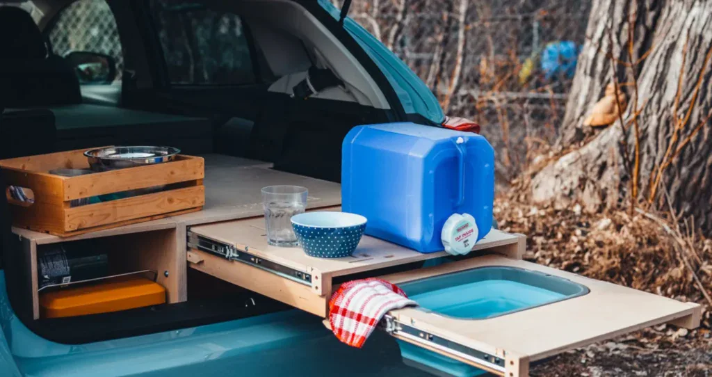 Cocina portátil para furgonetas camper convertidas, con fregadero, almacenamiento y espacio para alimentos en un entorno natural.