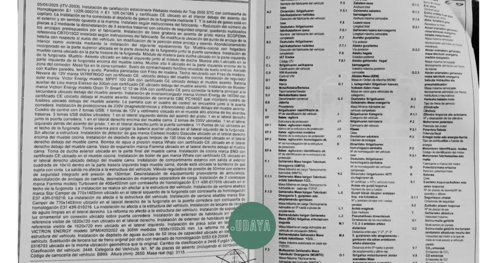 ejemplo de ficha tecnica con todos los elementos homologados correctamente anotados para pasarla a autocaravana