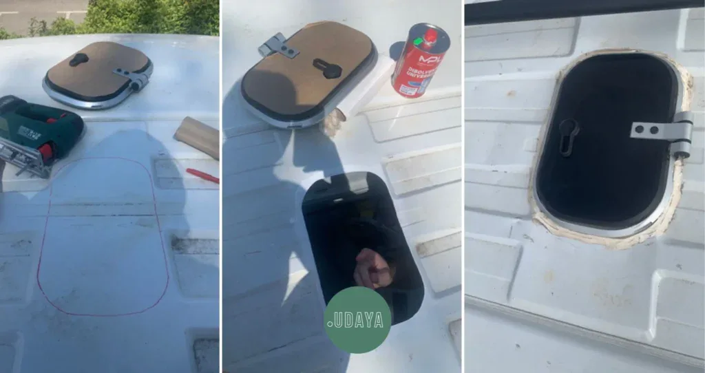 Proceso de instalación y homologación de claraboyas en una furgoneta camper, incluyendo herramientas y componentes para la modificación del vehículo.