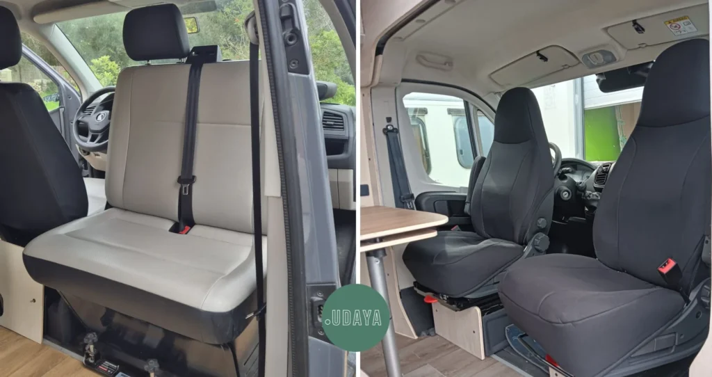 izquierda foto de un asiento de copiloto doble con base giratoria. a la derecha foto de asientos individuales piloto y copiloto con bases giratorias