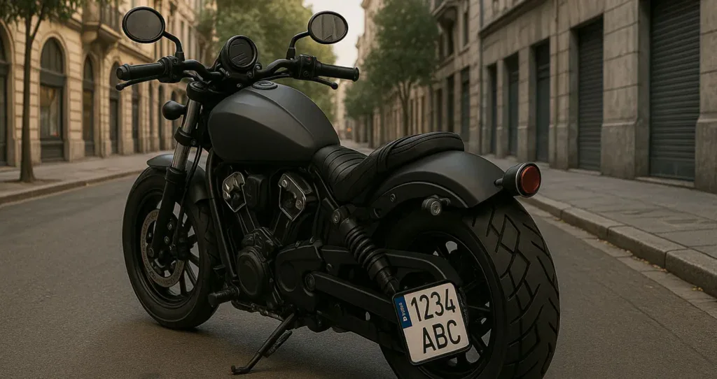 Motorcycle negra de estilo cruiser en calle urbana, ideal para viajes y aventuras en carretera.