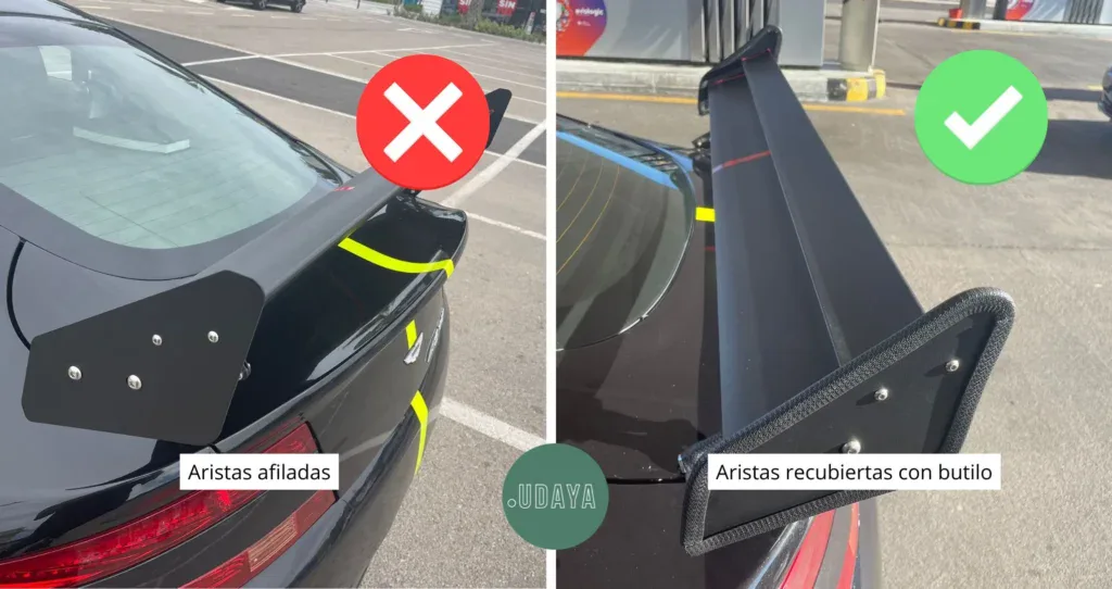 Imagen comparativa de un alerón no homologado con aristas afiladas y uno homologado con aristas recubiertas con bulto, mostrando la importancia de cumplir la normativa para pasar la ITV.