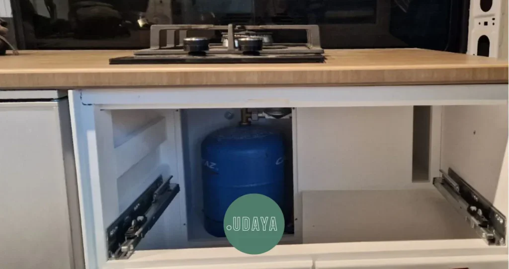 Cocina de camper equipada con sistema de gas y espacio de almacenamiento debajo, ideal para conversiones de furgonetas y vehículos homologados para viajes y vida en ruta.
