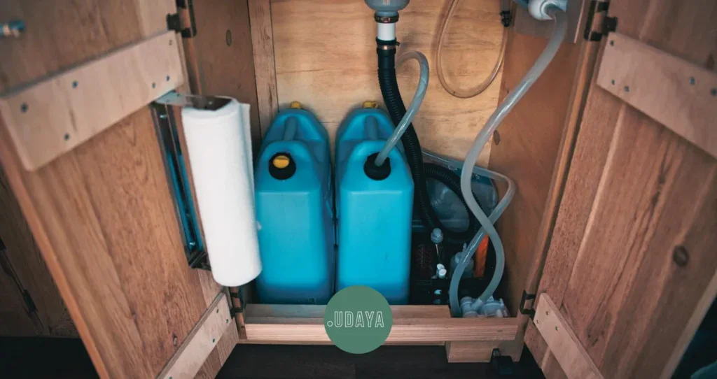 Sistema de agua en una camper van con tanques y tuberías para instalaciones personalizadas.