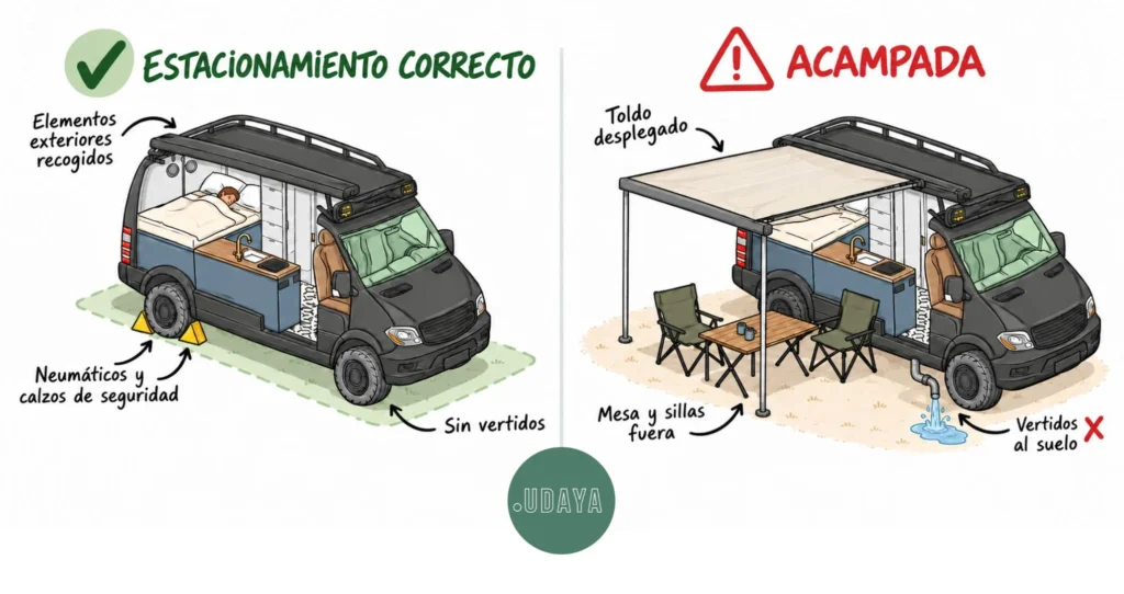 dibujo comparativo de una camper bien aparcada y una camper acampando